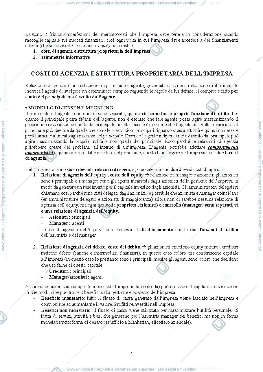 Anteprima pagina 1 — Parte 3 corso di finanza aziendale (asset pricing) - costi di agenzia 