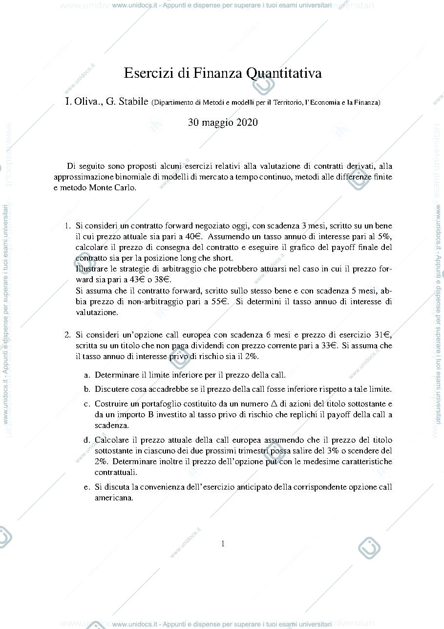 Anteprima pagina 1 — Esercizi Finanza Quantitativa