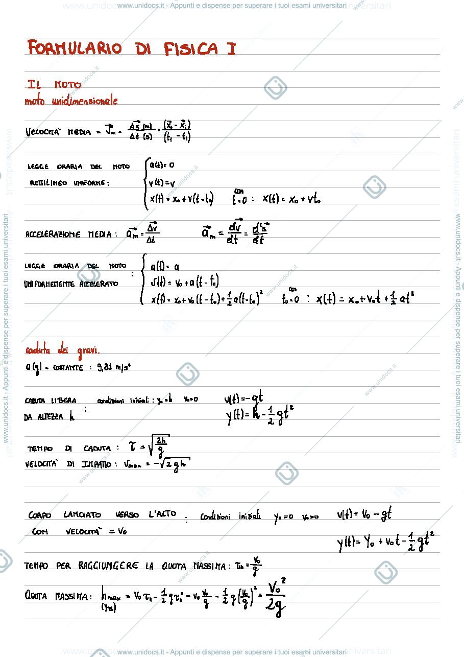 Anteprima pagina 1 — Formulario primo parziale Fisica I
