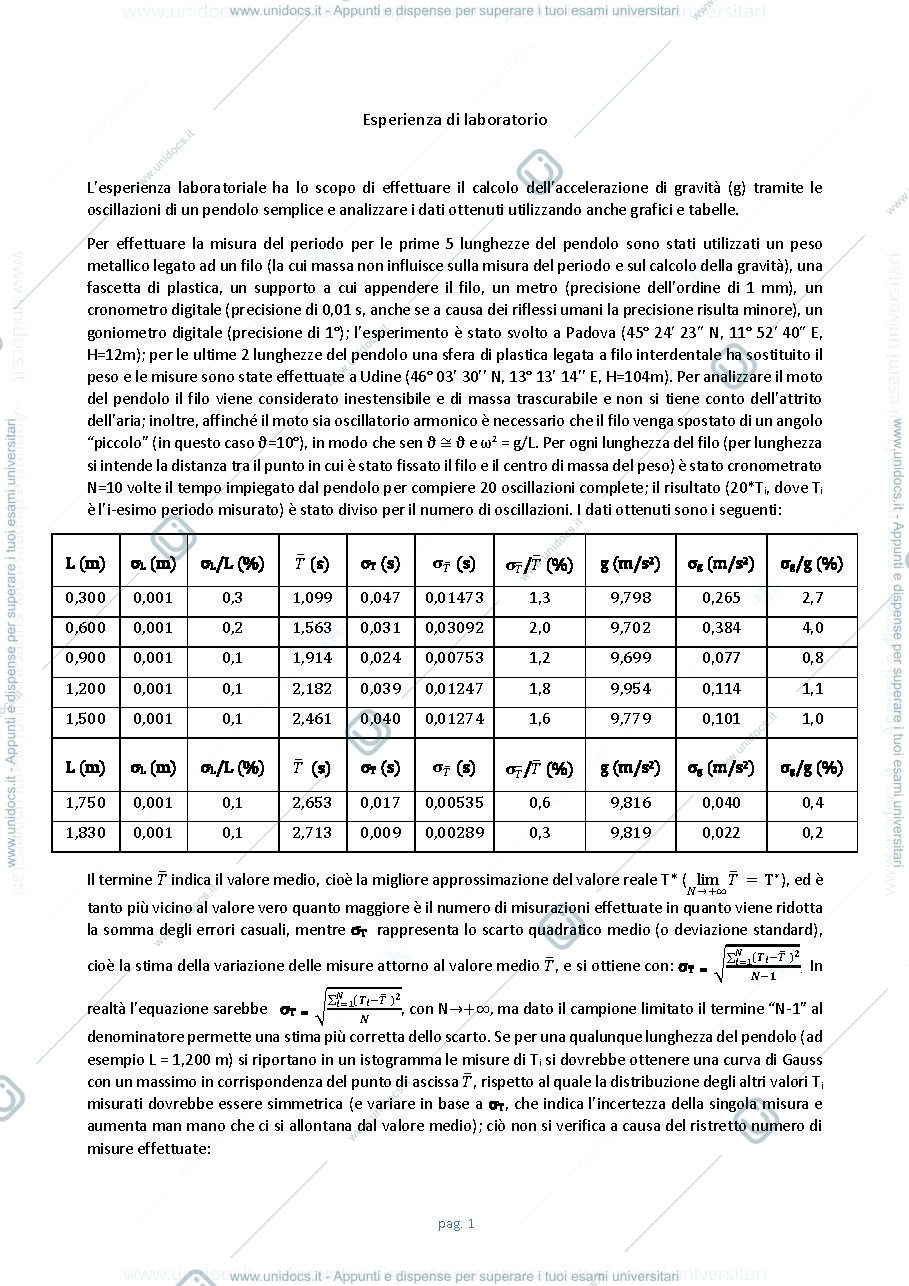 Anteprima pagina 1 — Relazione sull'esperimento del pendolo