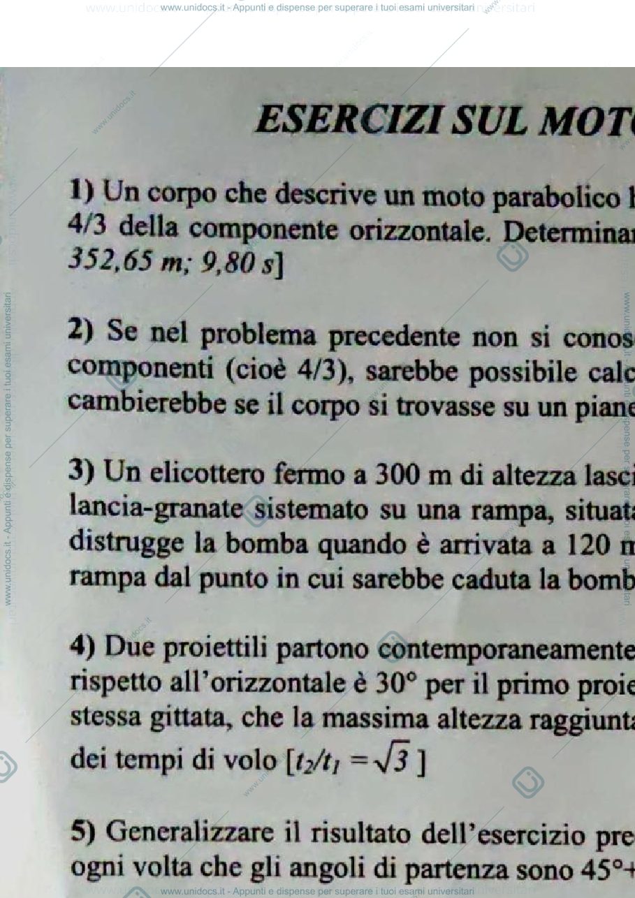 Anteprima pagina 1 — Esercizi sul moto Parabolico