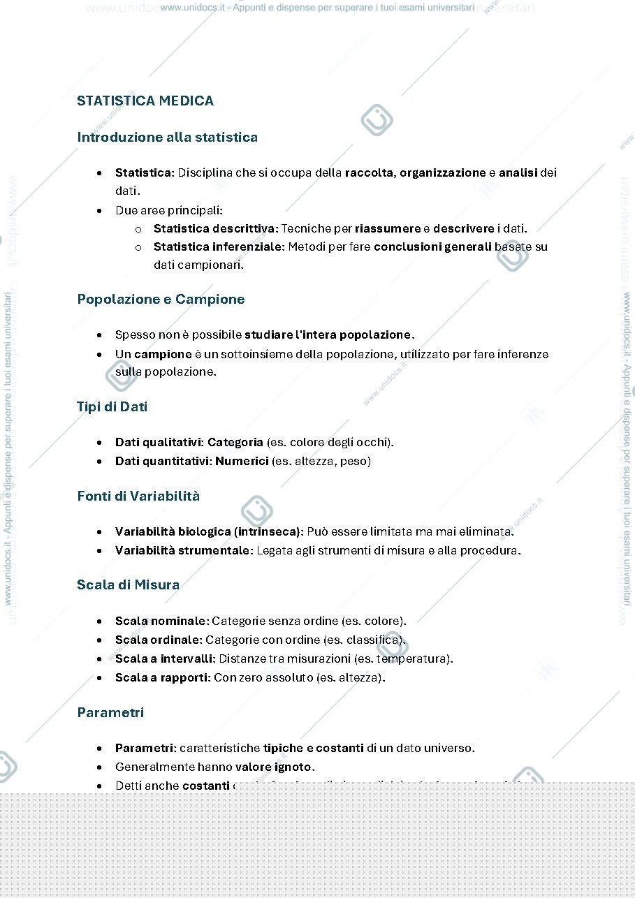 Anteprima pagina 1 — Statistica Medica Appunti parte 1 
