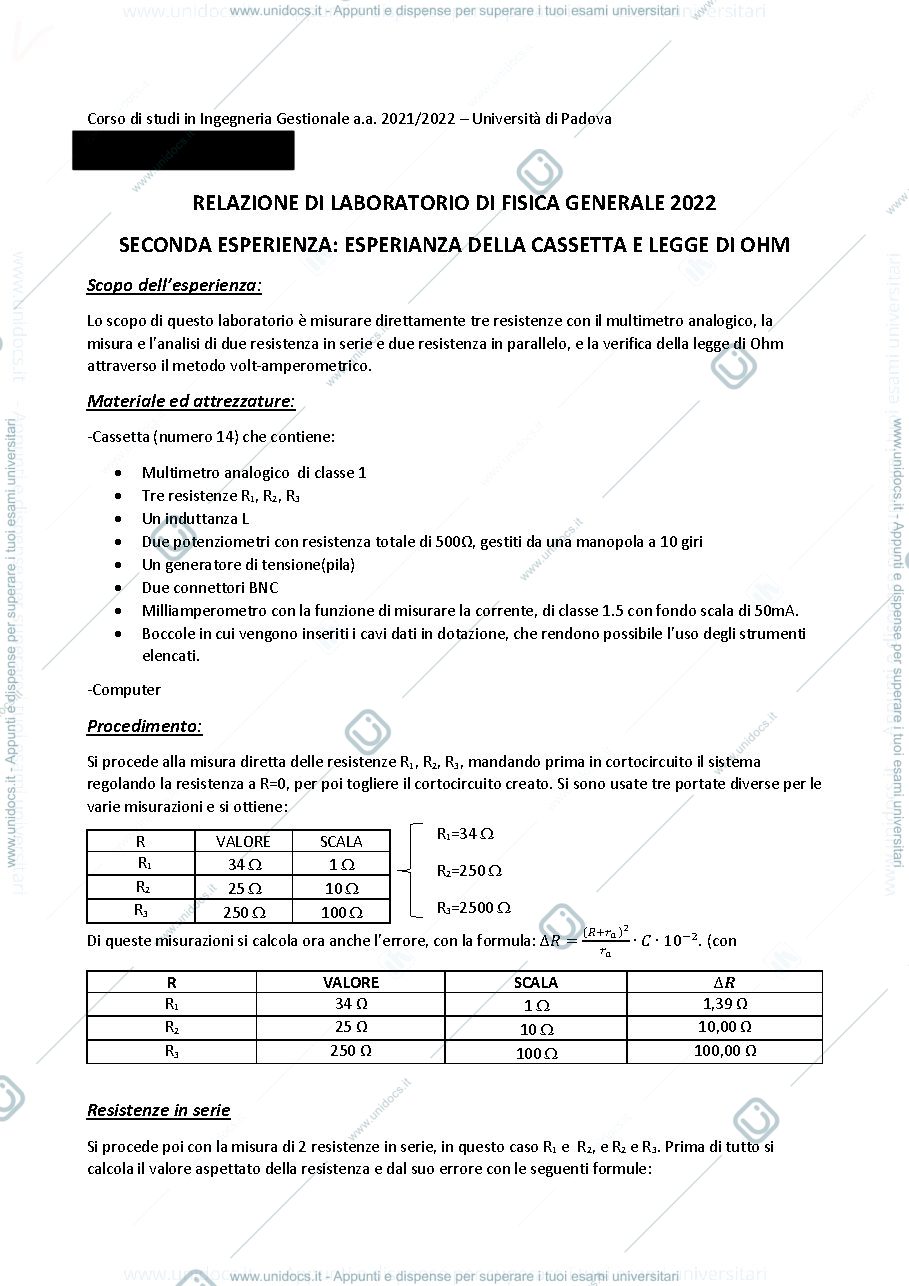 Anteprima pagina 1 — Relazione legge di ohm