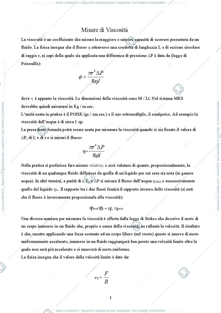 Anteprima pagina 1 — Misure di Viscosità - Lab di Fisica