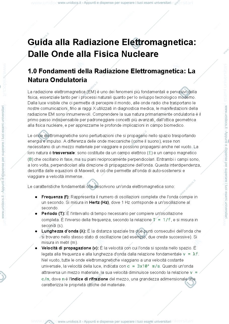 Anteprima pagina 1 — Fisica Medica: Radiazioni Elettromagnetiche, Ottica e Fisica Nucleare (UD7 semestre filtro)