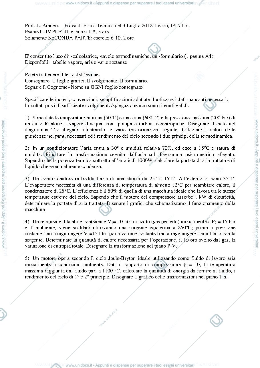 Anteprima pagina 1 — FT_Esame62_3luglio2012_TestiSoluzioneParz esami prof: Araneo