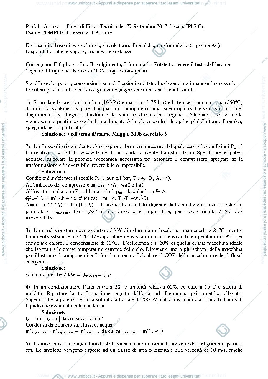 Anteprima pagina 1 — FT_Esame65_27sett2012_TestoTracciaSoluzioneNumerica esami prof: Araneo
