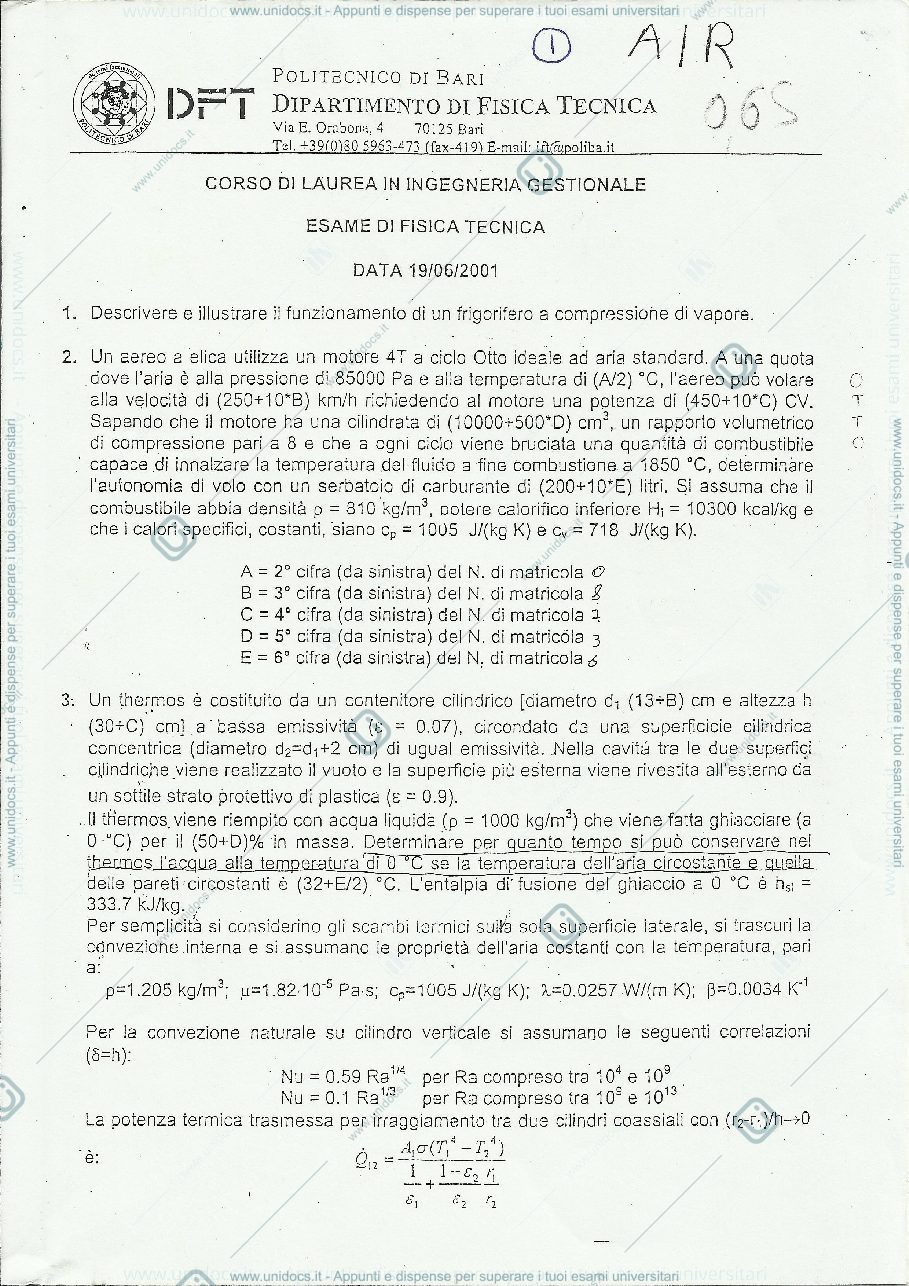 Anteprima pagina 1 — Tracce esame fisica tecnica prof Ubaldo Ayr