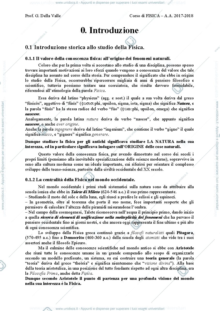 Anteprima pagina 1 —  Introduzione storica allo studio della Fisica dispense Prof. G. Della Valle