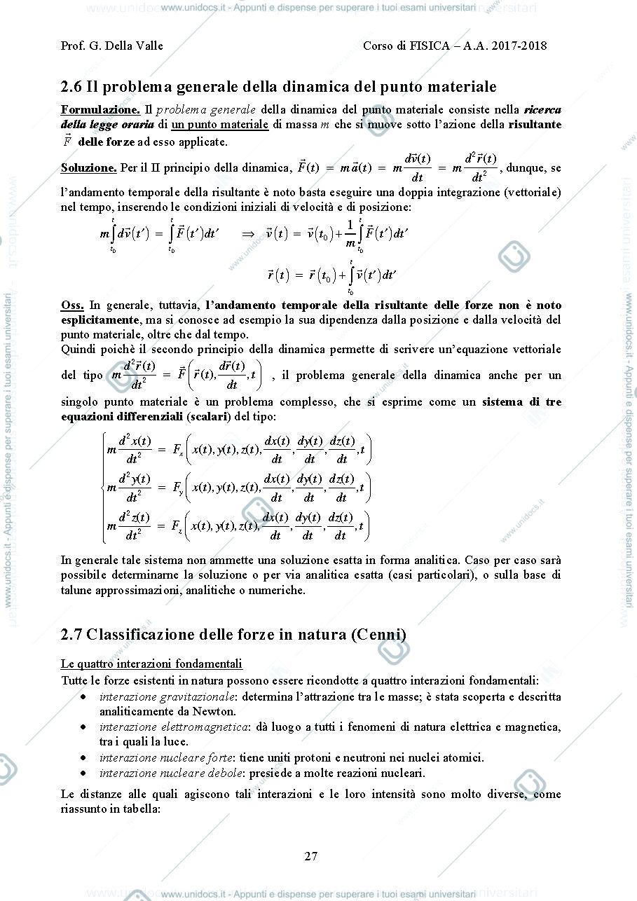 Anteprima pagina 1 — Il problema generale della dinamica del punto materiale dispense Prof. G. Della Valle
