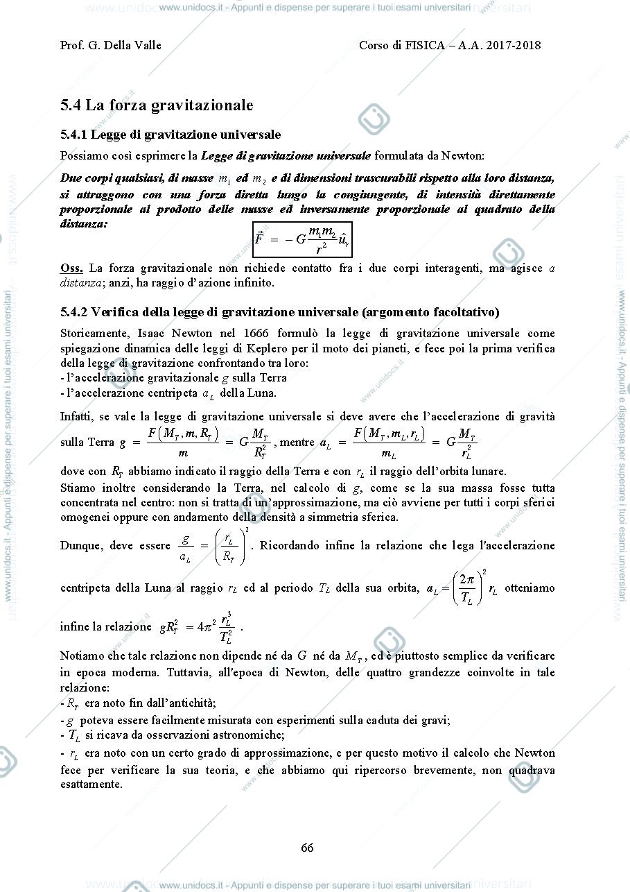 Anteprima pagina 1 —  Legge di gravitazione universale dispense Prof. G. Della Valle