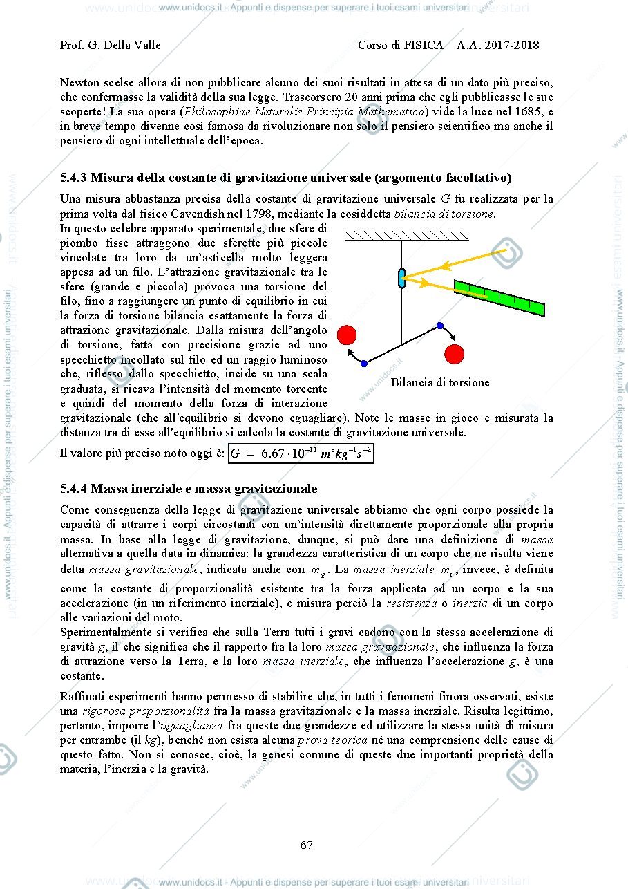 Anteprima pagina 2 —  Legge di gravitazione universale dispense Prof. G. Della Valle