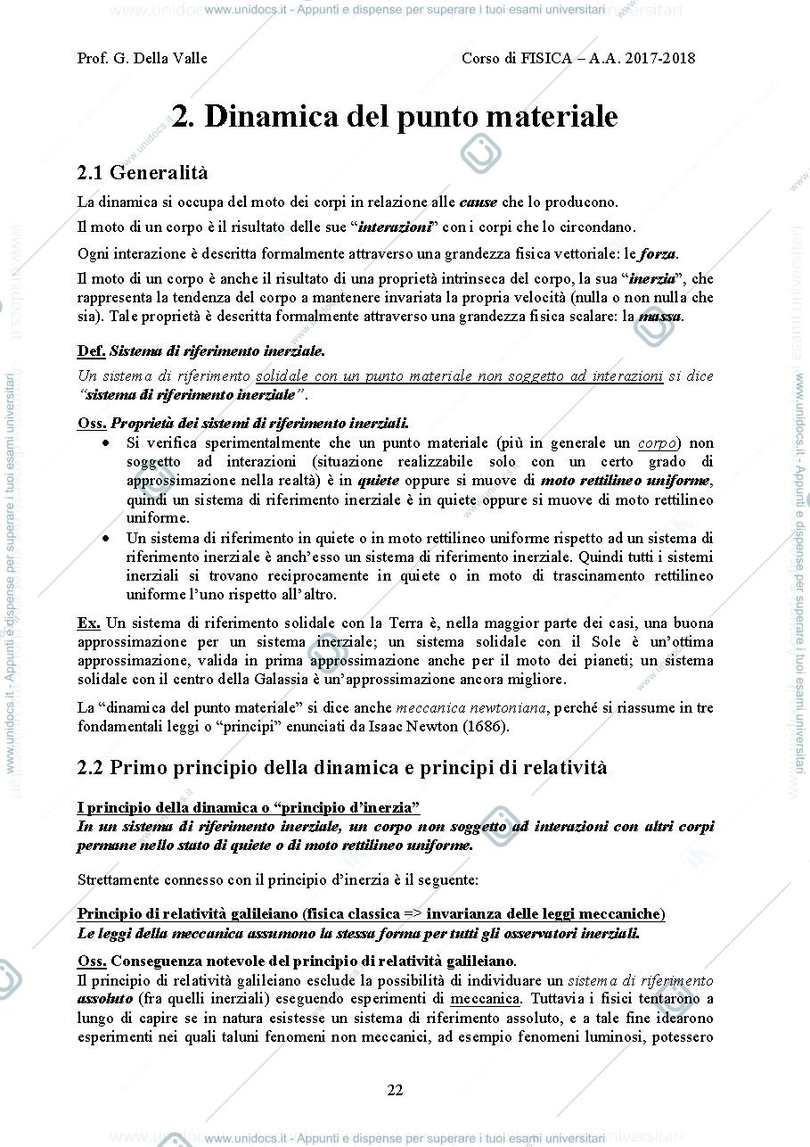 Anteprima pagina 1 —  Dinamica del punto materiale  dispense Prof. G. Della Valle