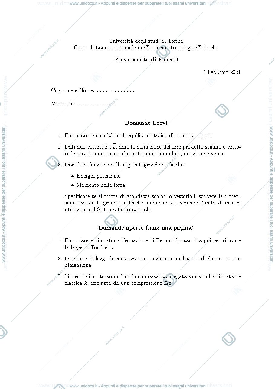 Anteprima pagina 1 — Prova scritta di fisica 1