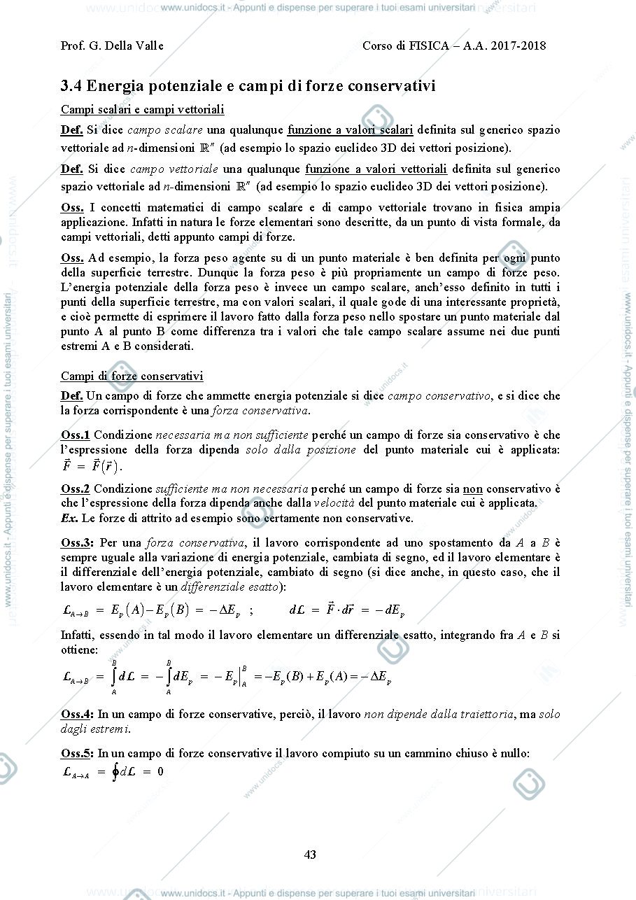 Anteprima pagina 1 — Energia potenziale e campi di forze conservativi  dispense Prof. G. Della Valle