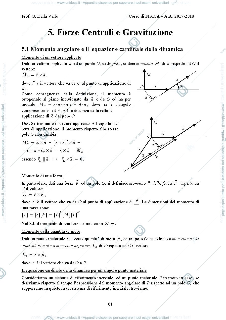 Anteprima pagina 1 — Forze Centrali e Gravitazione dispense Prof. G. Della Valle