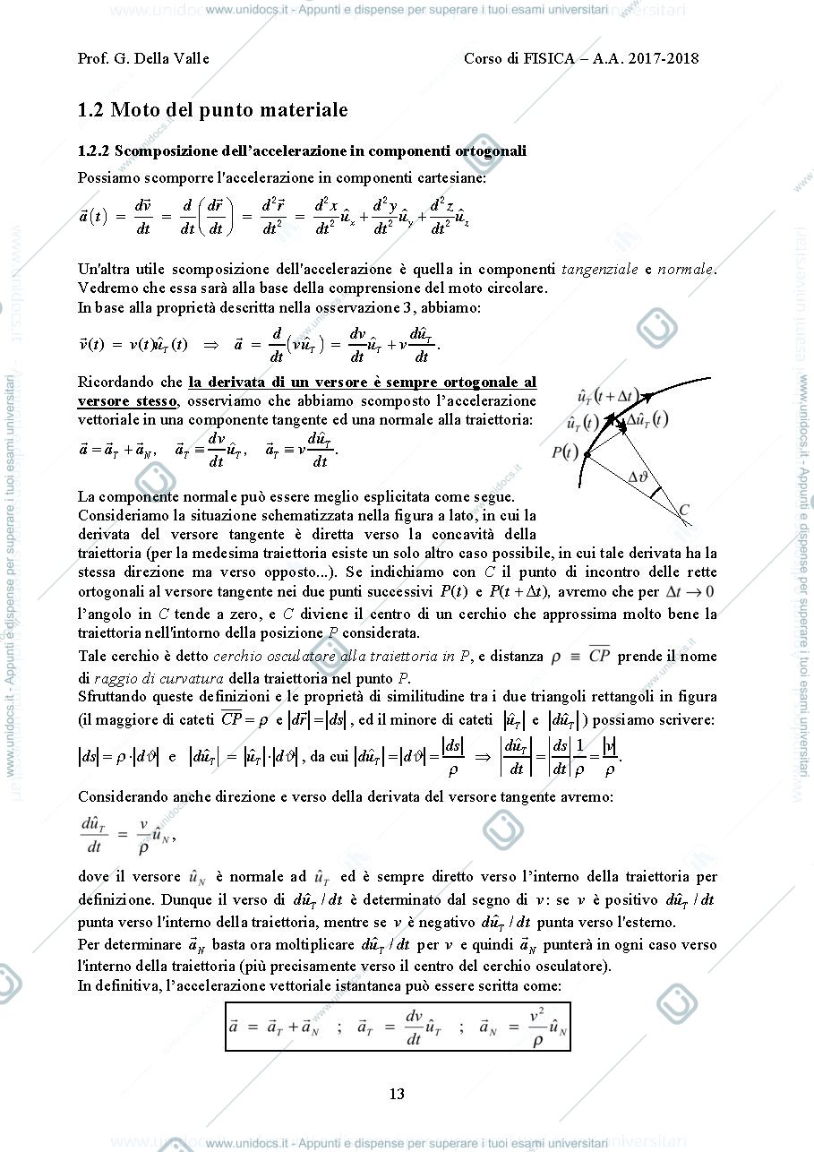 Anteprima pagina 1 —  Moto del punto materiale : Scomposizione dell’accelerazione in componenti ortogonali  dispense Prof. G. Della Valle
