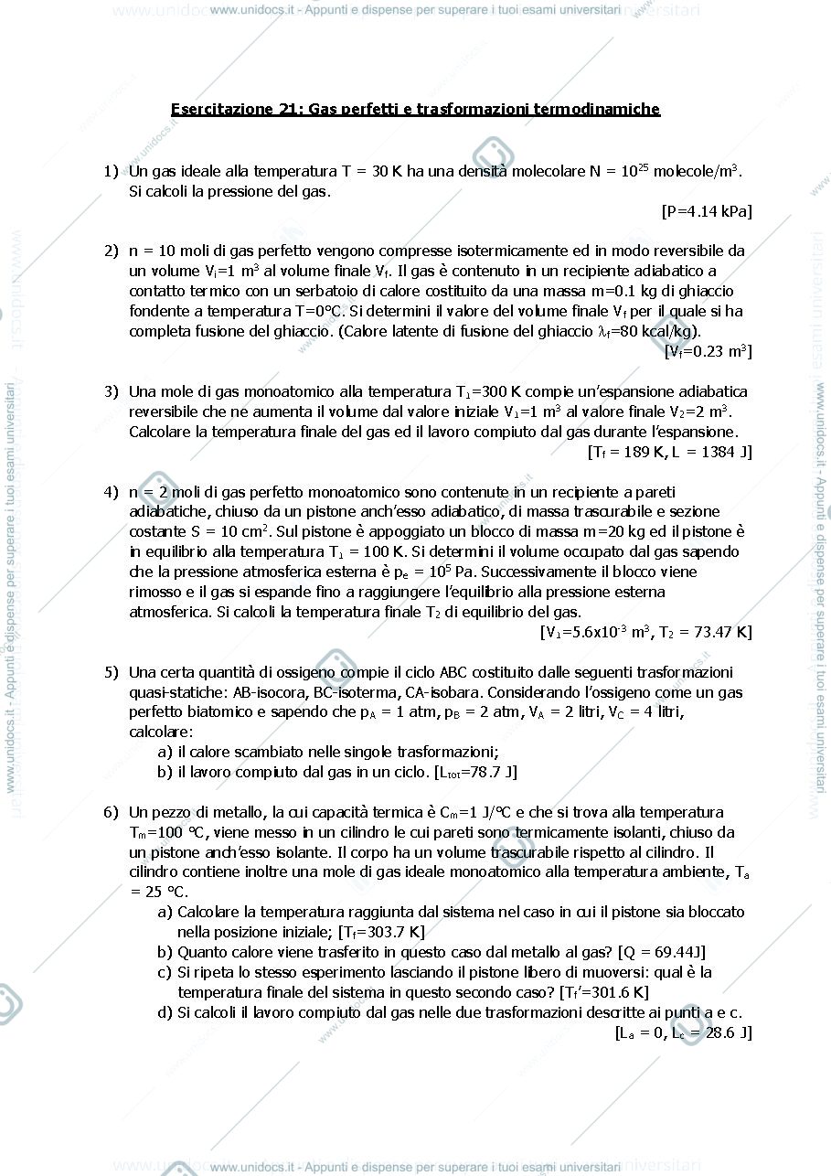 Anteprima pagina 1 — E_21 Trasformazioni di gas perfetti I esercizi Prof. Crespi