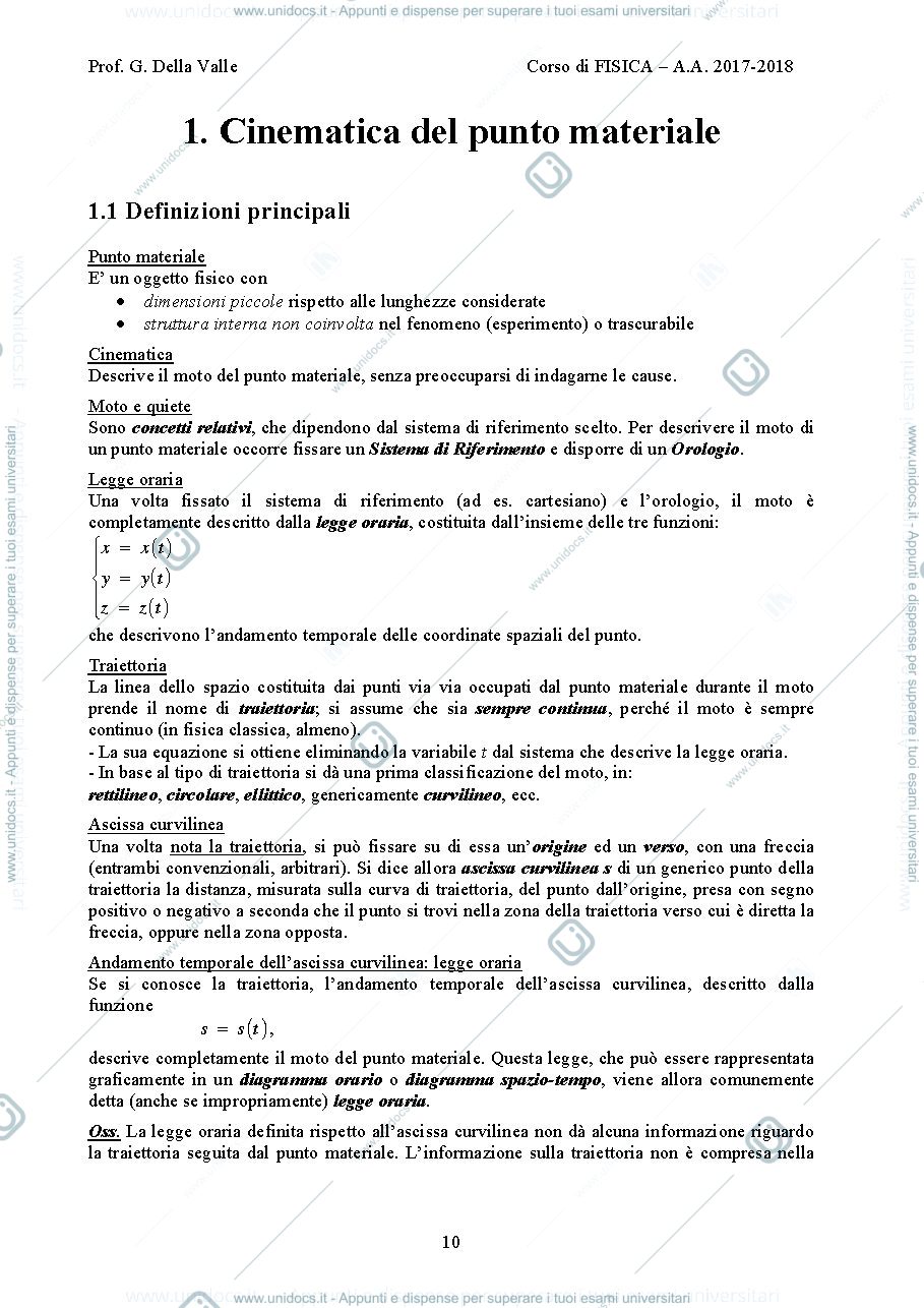 Anteprima pagina 1 — Cinematica del punto materiale  dispense Prof. G. Della Valle