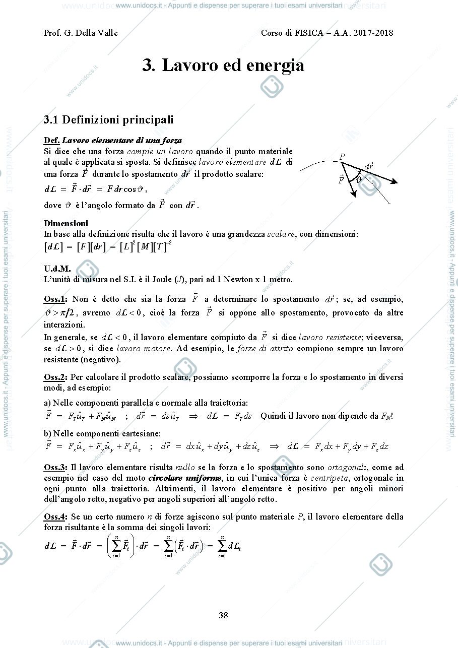Anteprima pagina 1 — Lavoro ed energia  dispense Prof. G. Della Valle