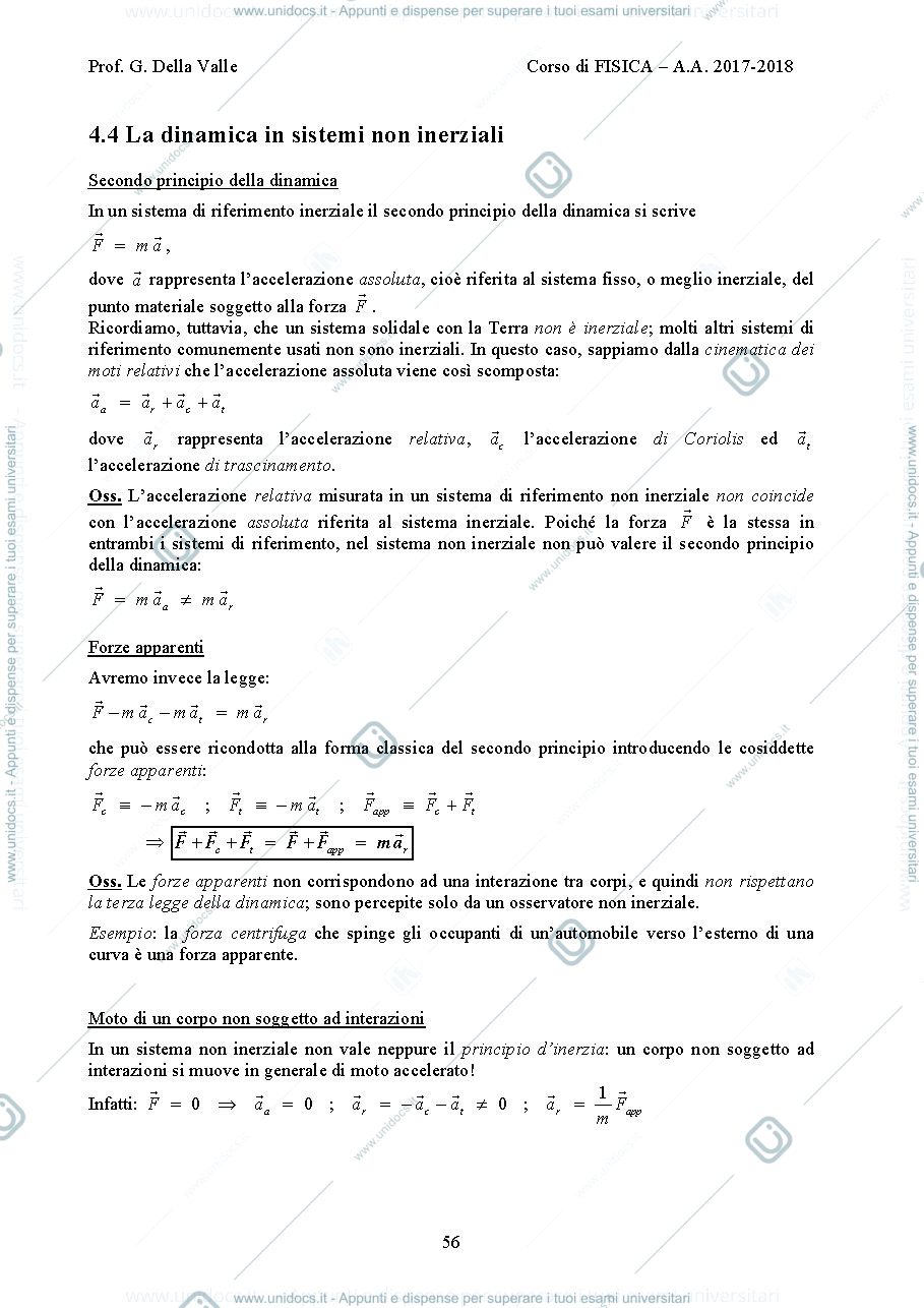 Anteprima pagina 1 — La dinamica in sistemi non inerziali  dispense Prof. G. Della Valle
