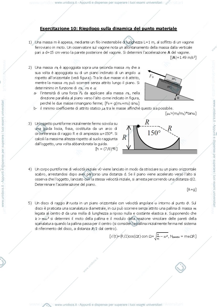 Anteprima pagina 1 — E_11 Riepilogo dinamica del punto materiale esercizi Prof. G. Della Valle