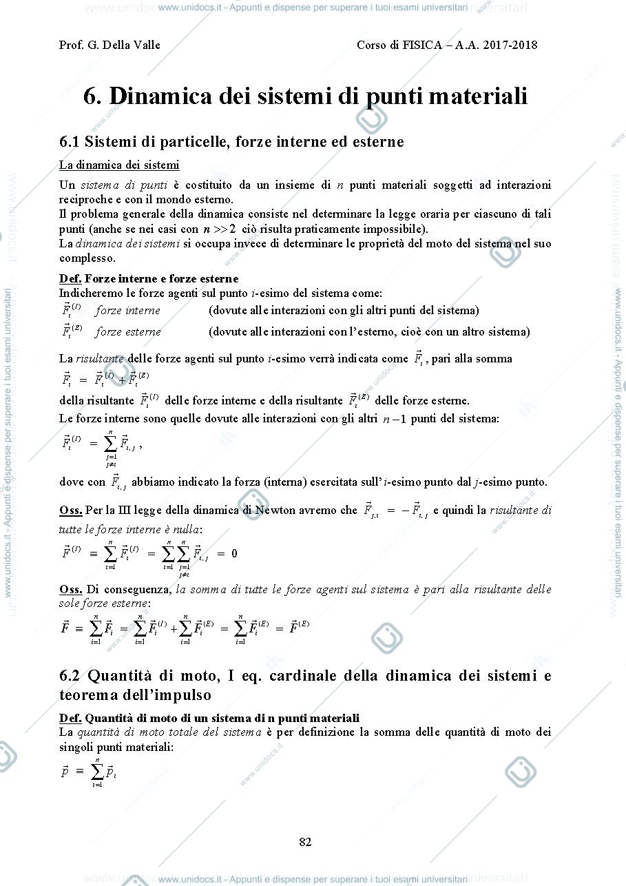 Anteprima pagina 1 — Dinamica dei sistemi di punti materiali lezioni Prof. G. Della Valle