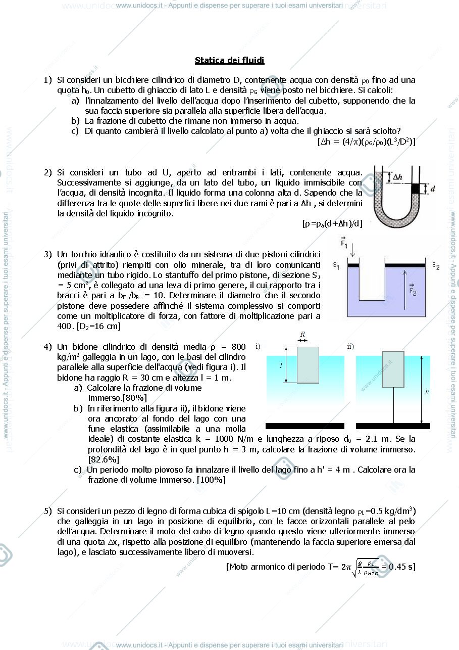 Anteprima pagina 1 — E_19 Statica dei fluidi esercizi Prof. Crespi