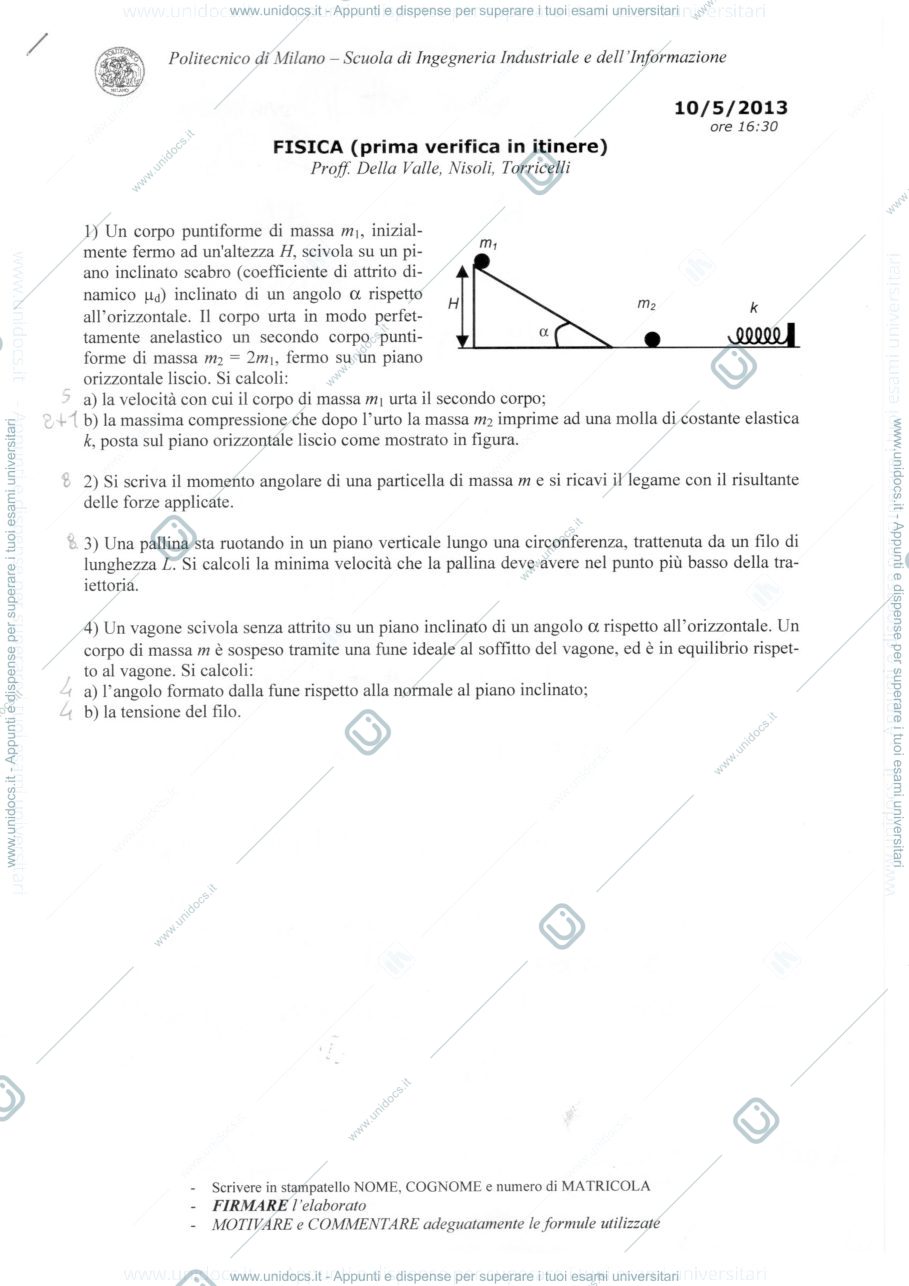 Anteprima pagina 1 — Testo e Soluzione I prova in Itinere esame Prof. G. Della Valle