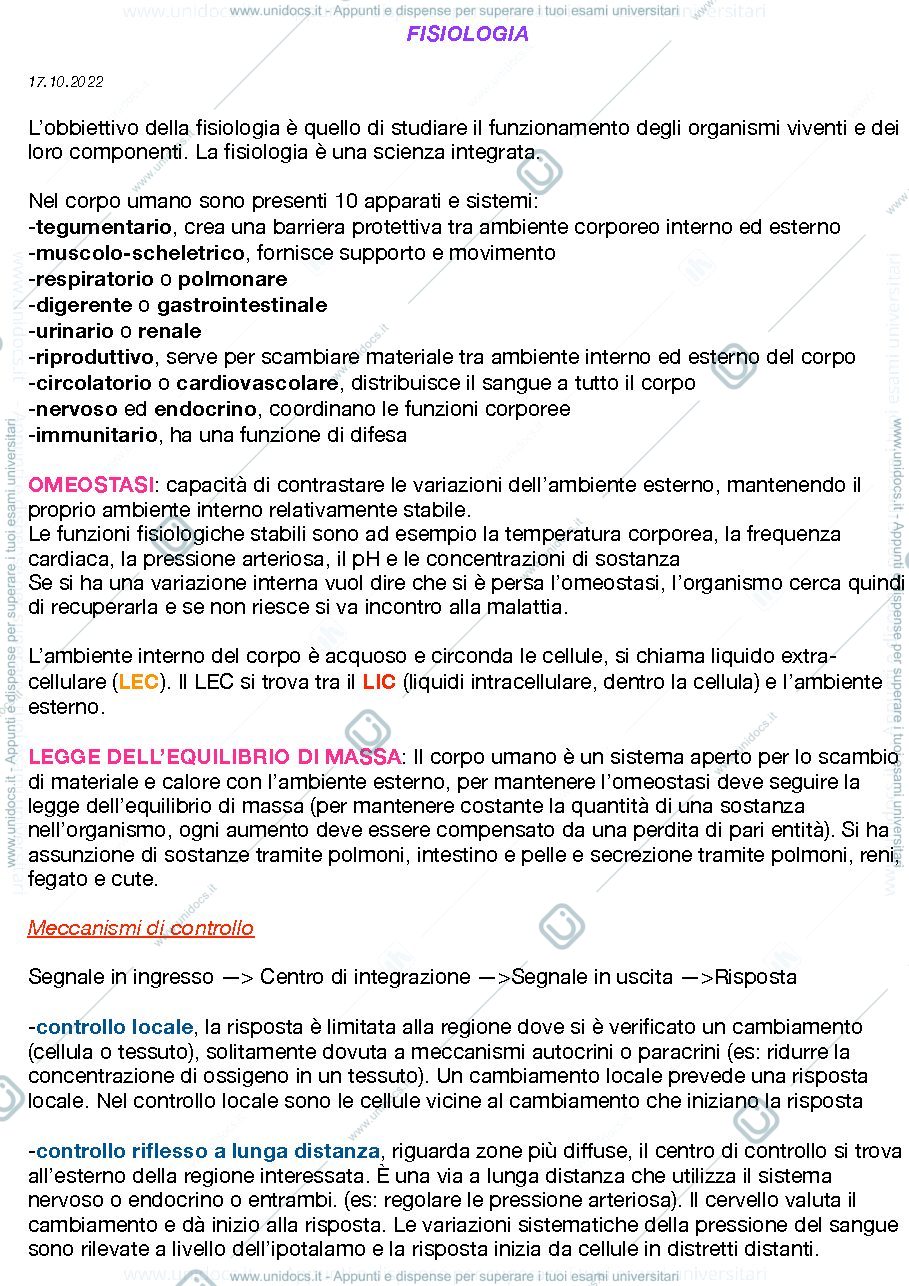 Anteprima pagina 1 — Appunti di Fisiologia, facoltà delle Scienze Motorie e Sportive