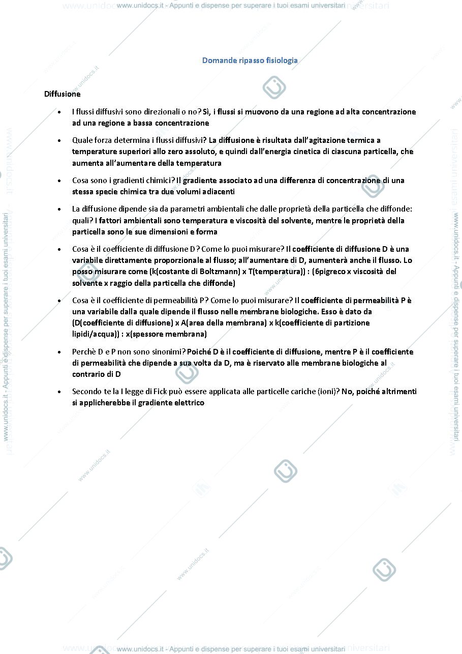 Anteprima pagina 1 — Domande e risposte per ripasso di fisiologia