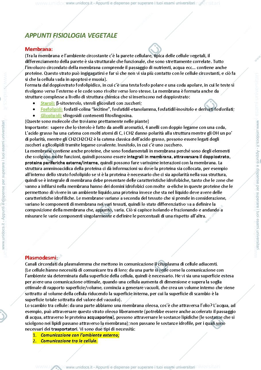 Anteprima pagina 1 — APPUNTI FISIOLOGIA VEGETALE
