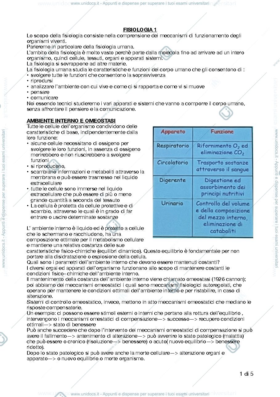 Anteprima pagina 1 — fisiologia 1 lezione