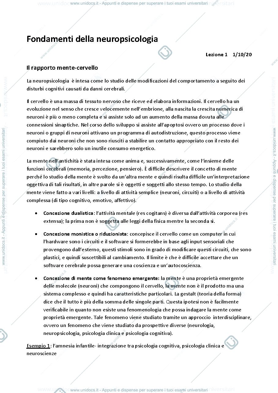 Anteprima pagina 1 — sbobine fondamenti della neuropsicologia