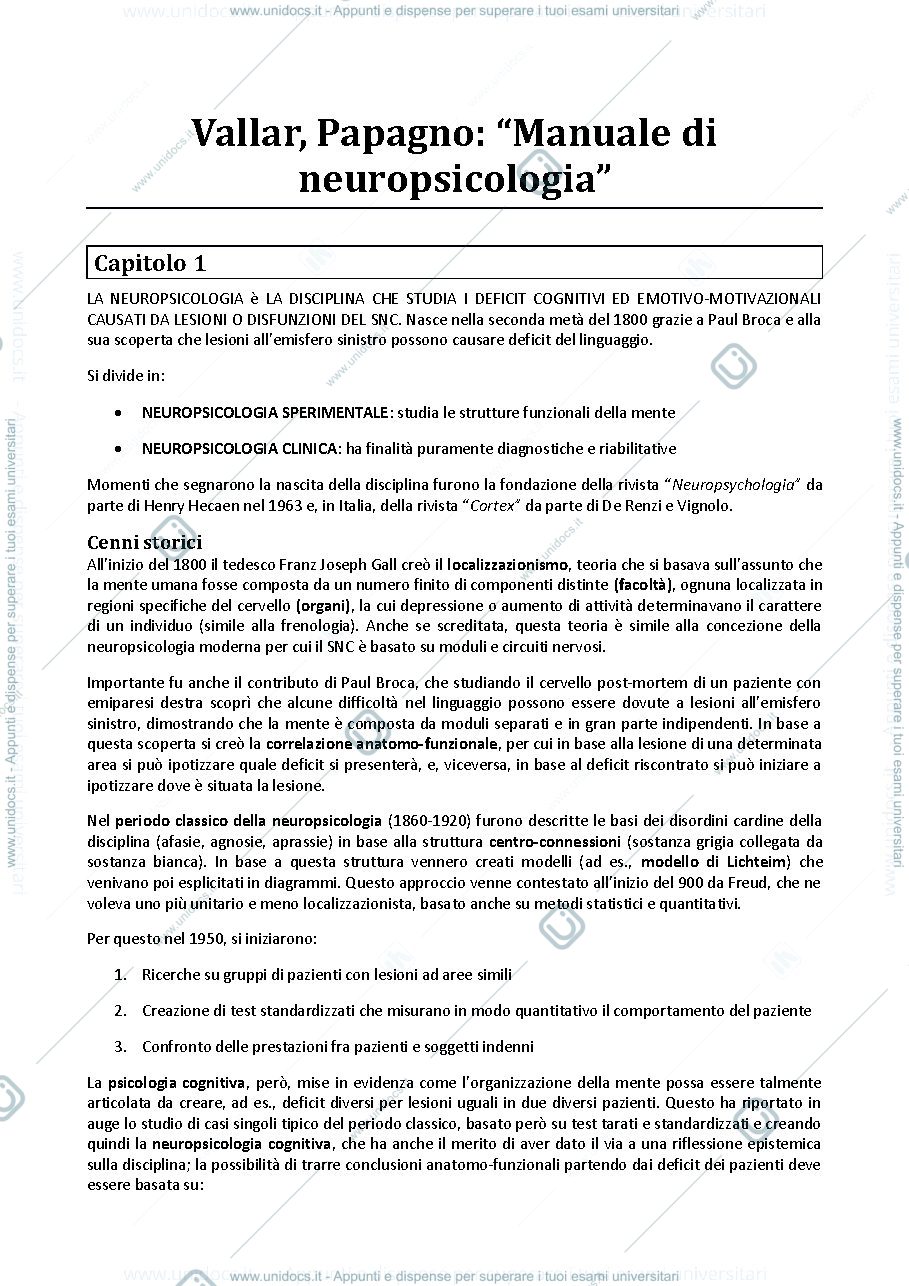 Anteprima pagina 1 — Riassunto "Manuale della Neuropsicologia" (Vallar Papagno)