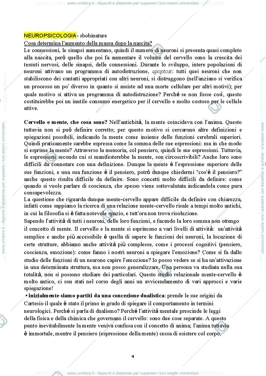Anteprima pagina 1 — Neuropsicologia riassunto libro 