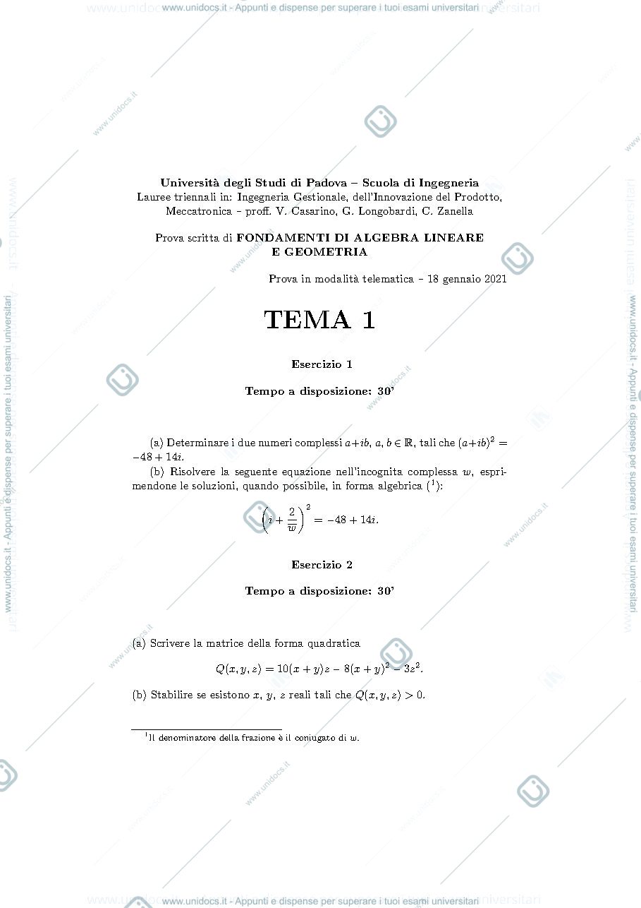 Anteprima pagina 1 — Temi d'esame di algebra 2021