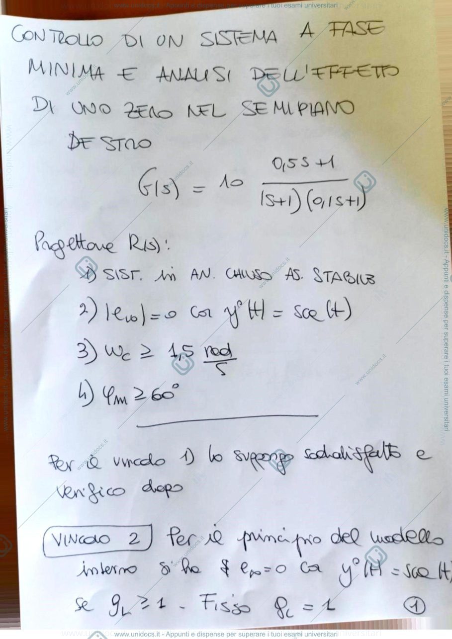 Anteprima pagina 1 — Esempio sintesi regolatore sistema a fase non minima appunti della prof: Tanelli