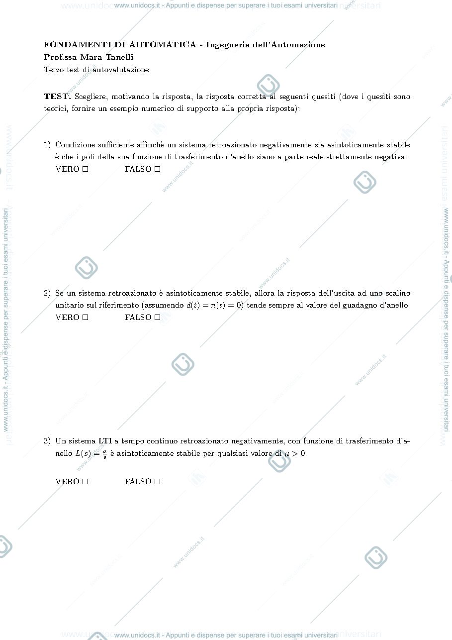 Anteprima pagina 1 — Terza prova di autovalutazione - soluzioni esami prof: Tanelli