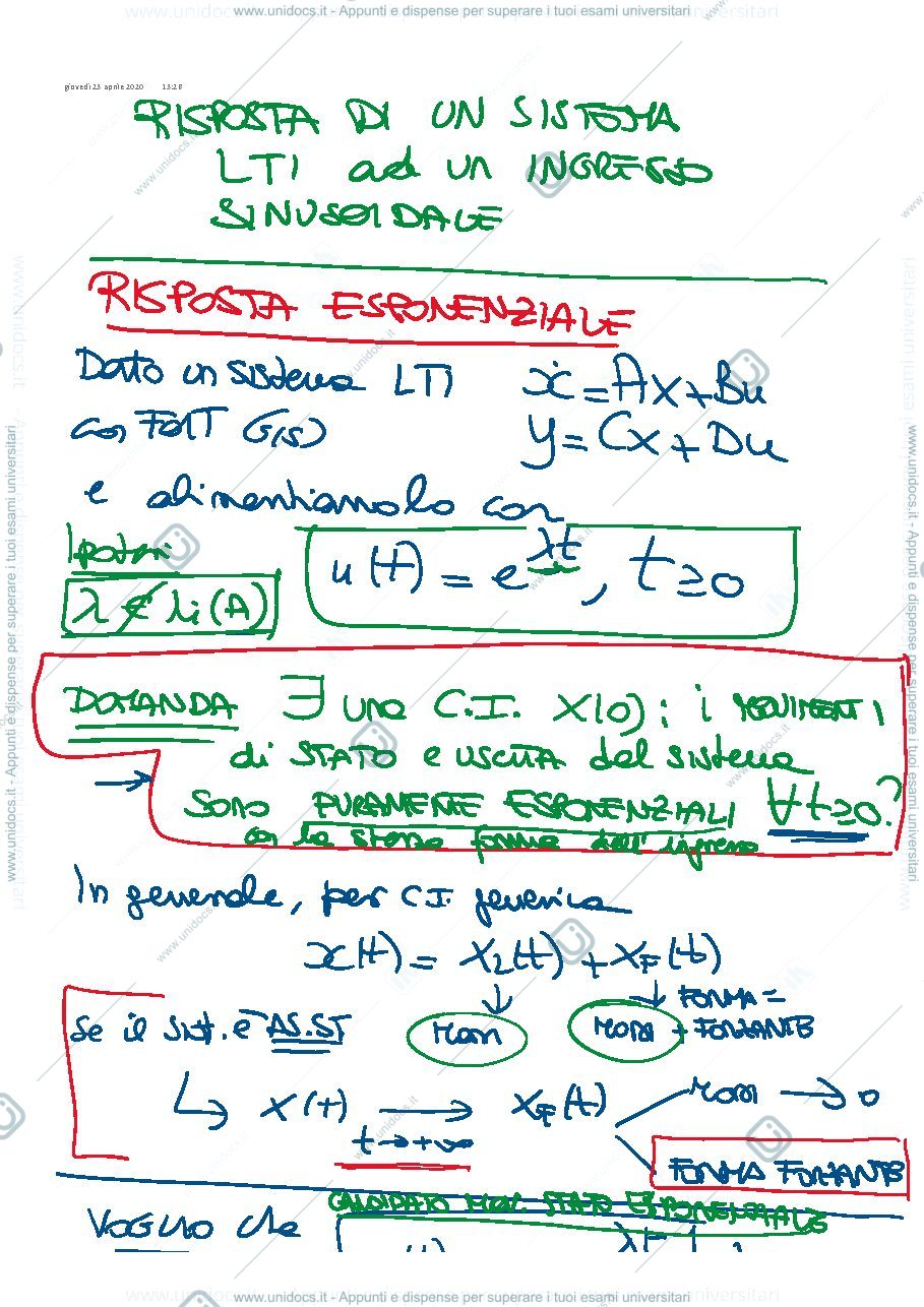 Anteprima pagina 1 — 17-Analisi di risposta a ingresso esponenziale e sinusoidale appunti della prof: Tanelli