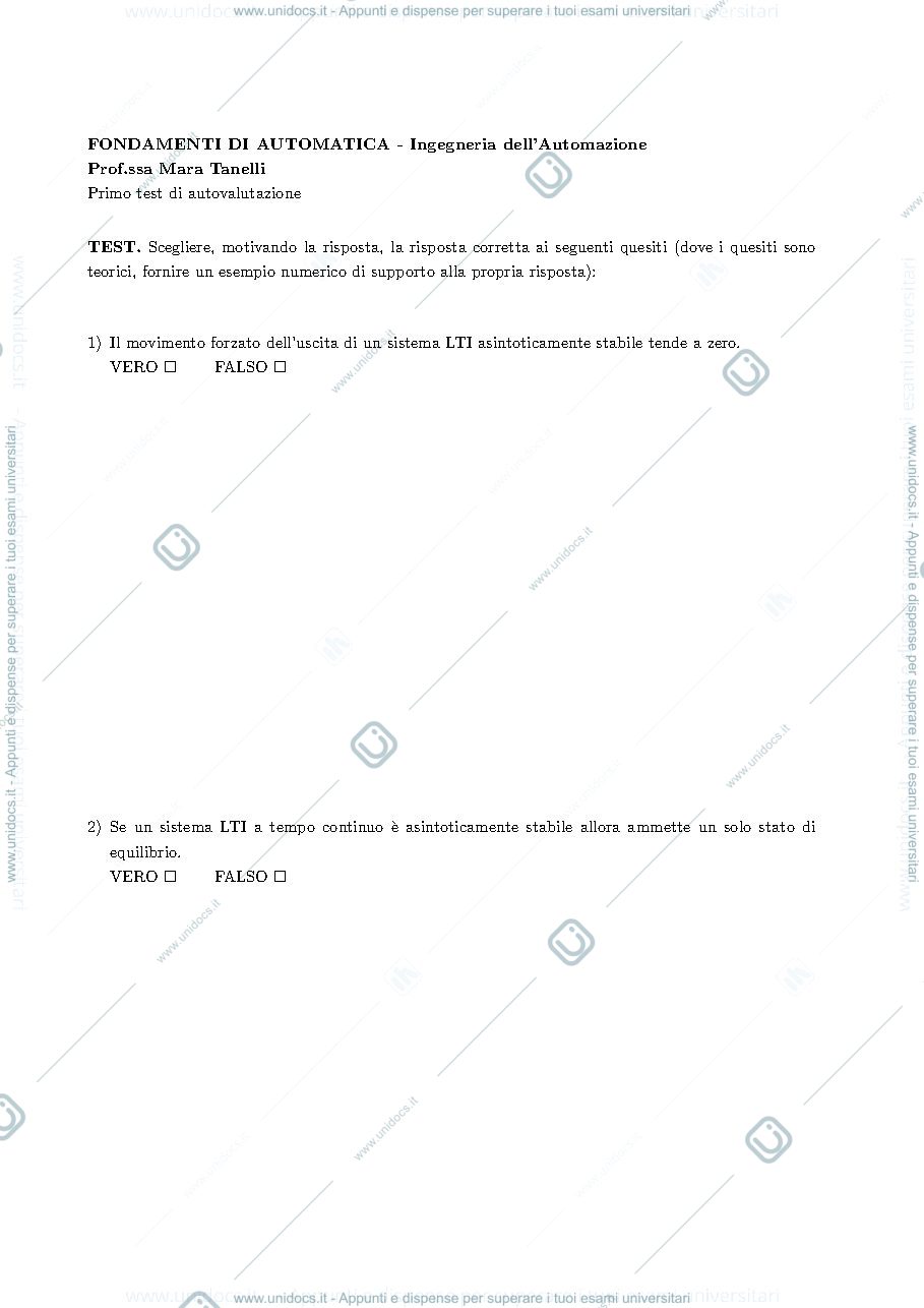 Anteprima pagina 1 — Prima prova di autovalutazione esercizi per corso prof: Tanelli