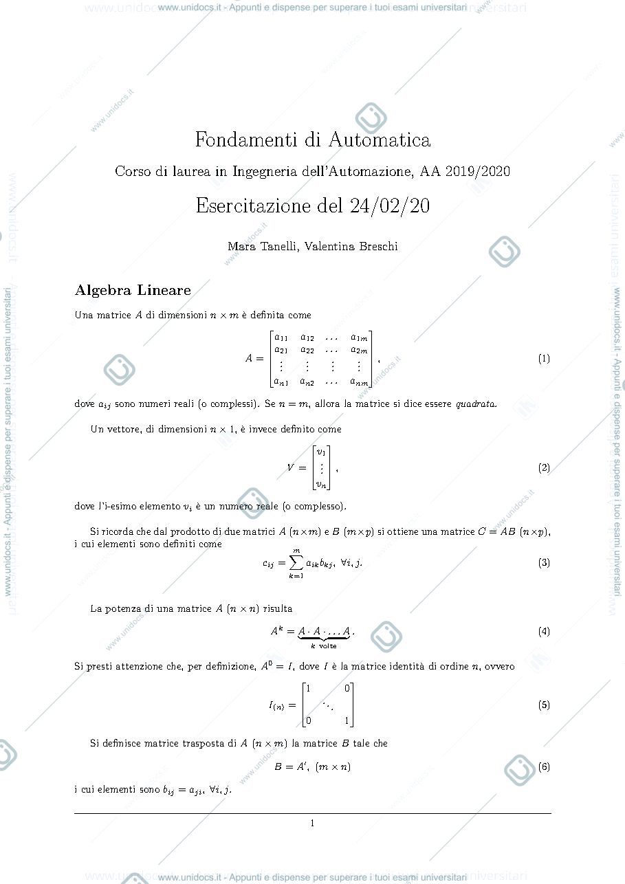 Anteprima pagina 1 — Esercizi di ripasso di algebra lineare e numeri complessi esercizi per corso prof: Tanelli