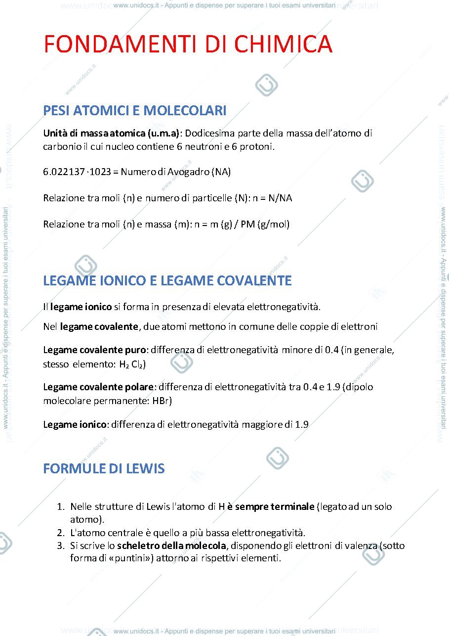 Anteprima pagina 1 — Riassunto formule e nozioni Fondamenti di Chimica