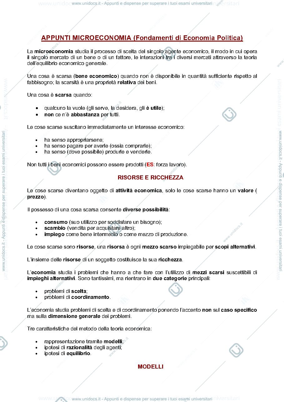 Anteprima pagina 1 — APPUNTI MICROECONOMIA