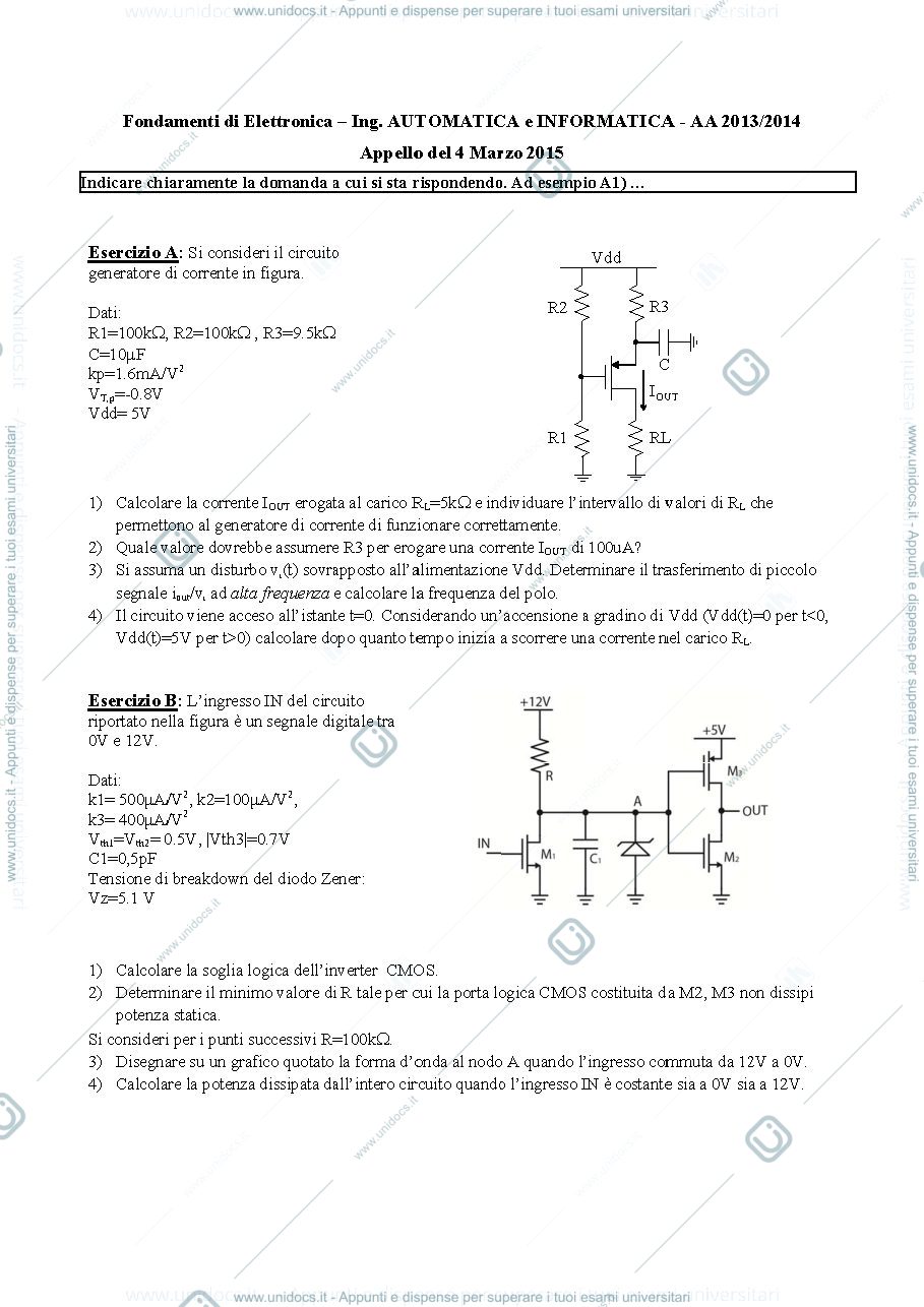 Anteprima pagina 1 — Tema d'esame Fondamenti di Elettronica prof.Castoldi