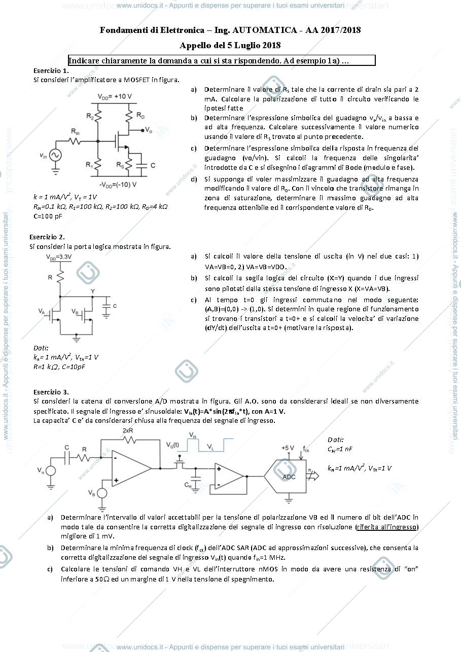 Anteprima pagina 1 — Tema d'esame Fondamenti di Elettronica prof.Castoldi