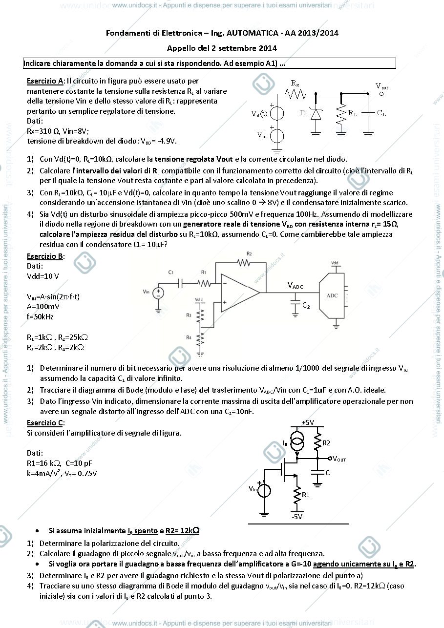 Anteprima pagina 1 — Tema d'esame Fondamenti di Elettronica prof.Castoldi