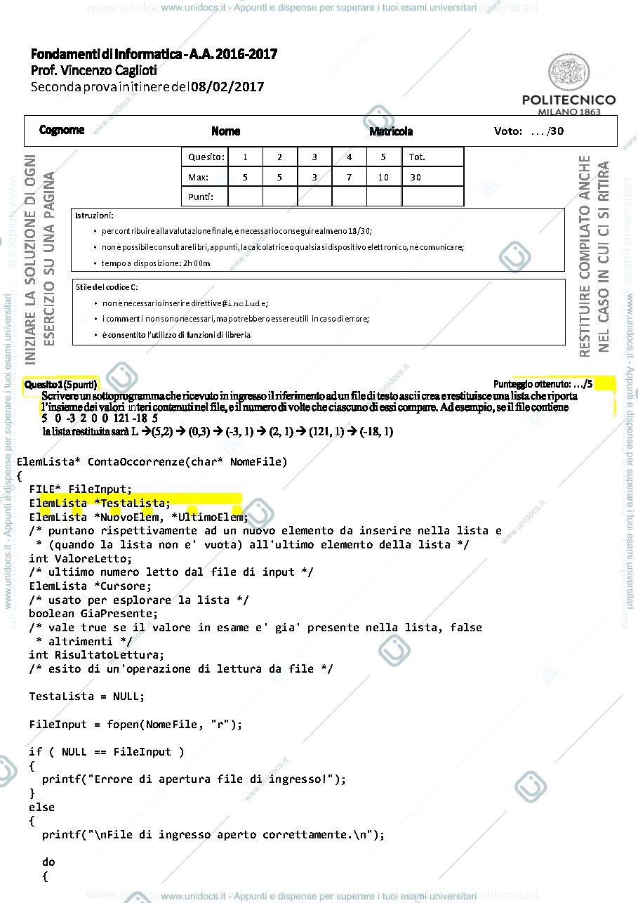 Anteprima pagina 1 — 2017-02-08 Itinere Seconda Soluzioni esame prof:  Caglioti