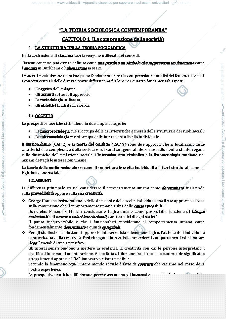 Anteprima pagina 1 — LA TEORIA SOCIOLOGICA CONTEMPORANEA CAPITOLO 1