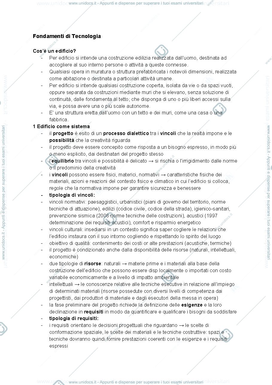 Anteprima pagina 1 — Riassunti lezioni 1 e 2, Fondazioni ed elevazione - Fondamenti di tecnologia dell'architettura